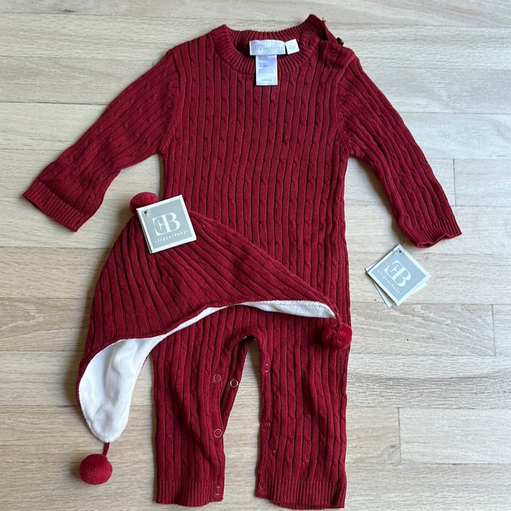 6M Elegant Baby cable knit Jumpsuit and hat maroon set